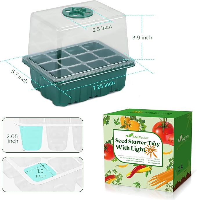 Seedfactor Seed Starter Tray with Light, 6PCS Seed Starter Kit with Grow Light, Seedling Starter Trays with Humidity Domes, Covers Height 3.9", Indoor Gardening Plant Germination Trays