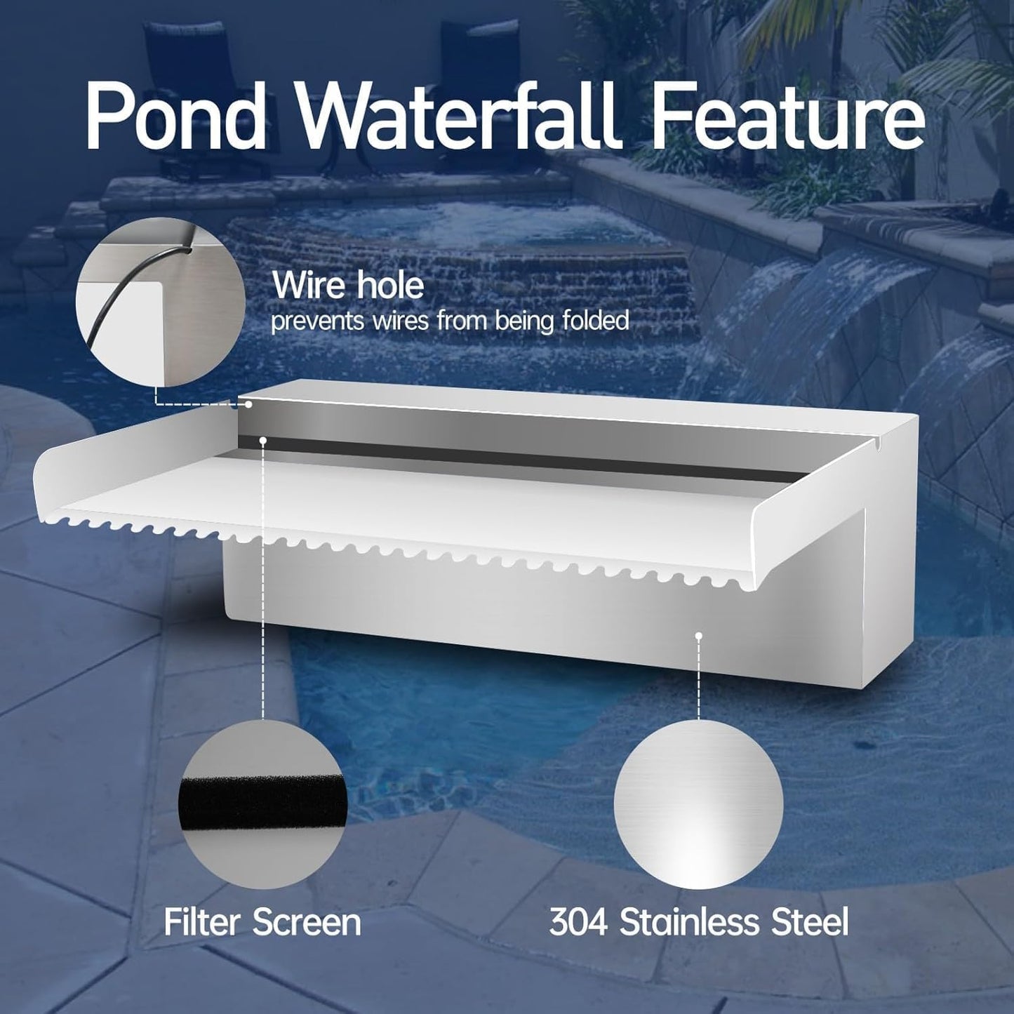 Pool Fountain Stainless Steel Pond Waterfall Spillway Kits for Indoor/Outdoor Decorative, 12 Inches Pool Water Feature for Garden Patio, Backyard Koi Pond Decor(No LED Light)