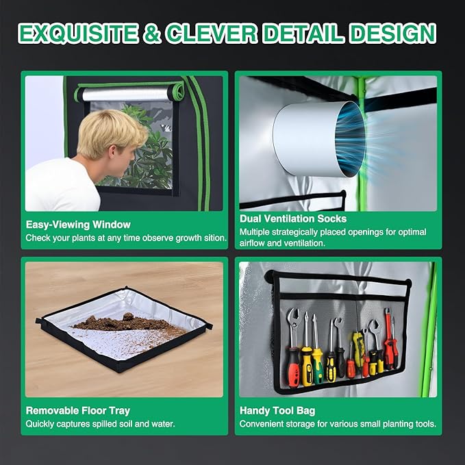 Yesker 5x5 Grow Tent 60"x60"x80" High Reflective Mylar Large Indoor Growing Tents 600D Oxford Cloth with Observation Window and Removable Floor Tray for Hydroponics Indoor Plants Fruit Flower Growing