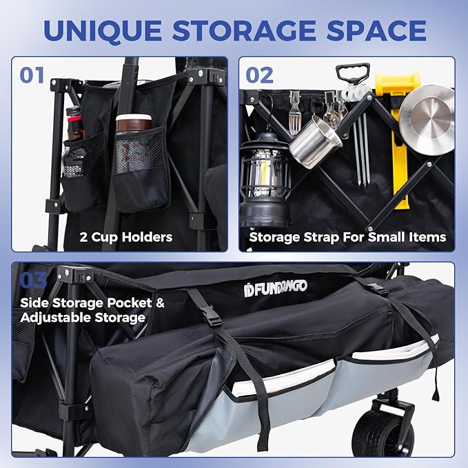 FUNDANGO 600lbs Heavy Duty Wagon, Foldable Beach Collapsible Wagons Garden Cart with Brakes, Side Pockets & All-Terrain Big Wheels for Sports Camping Shopping Groceries, Black