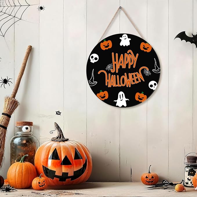Halloween Decorations, Happy Halloween Wooden Ghost Hanging Sign for Front Door Hanger Wreath Decor, Wreath Cute Ghost Pumpkin Bat Front Door Decorations Hanging Sign, Indoor Outdoor Yard Wall Party