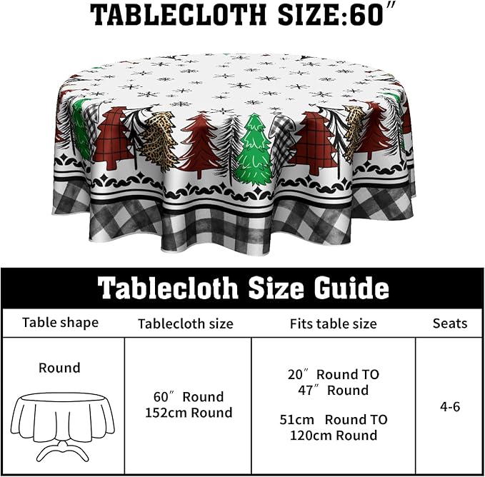 Giwawa Christmas Round Tablecloth 60 Inch Snowflake Xmas Trees Black Buffalo Plaid Decorative Table Cloth Polyester Washable Table Cover for Winter Holiday Party Picnic Dinner Decor