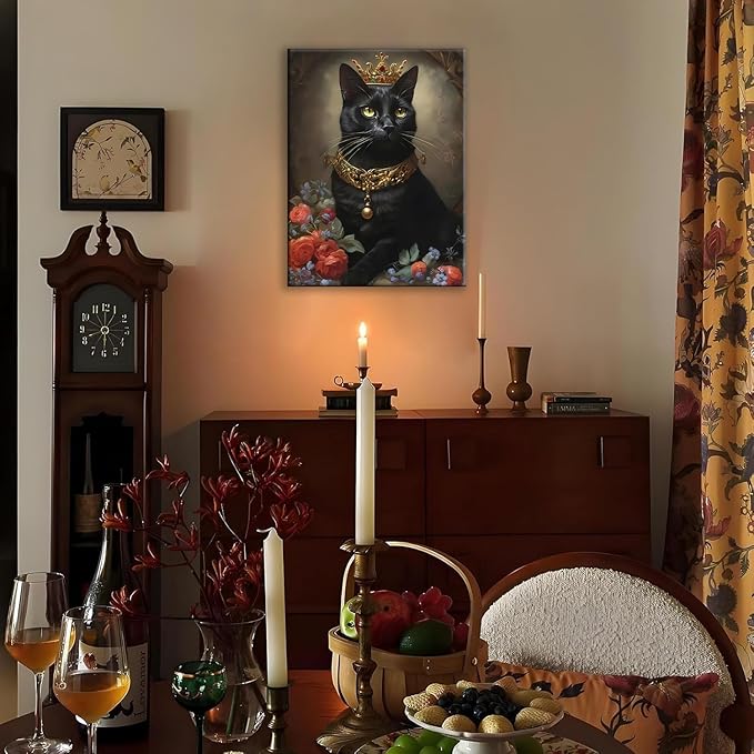 Jatinoo Gothic Halloween Decor - Black Cat Framed Canvas Art Print, Witchy Moody Wall Decor for Living Room, Goth Home Accessories, 11.5x15 Inch Vintage Style