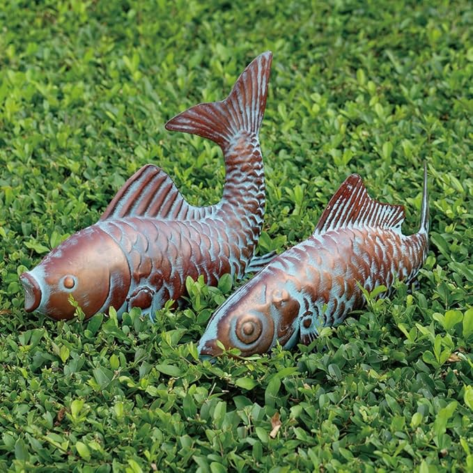 G/N Set of 2 Koi Fish Decor Outdoor Statue Sculpture Garden Pond Fishes Yard Art Antique Copper Koi Sculptures & Statues Large Metal Koi Fish Figurine Ornaments Décor Gifts for Women Mom Grandma