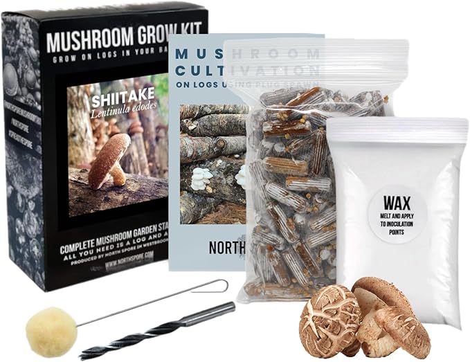 North Spore Organic Shiitake Outdoor Mushroom Log Growing Kit | Includes 100 ct. Bag of Plug Spawn | Complete Log Starter Kit with Instructions | Handmade in Maine, USA