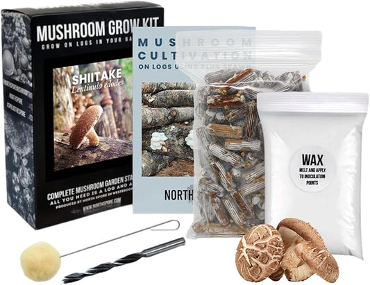 North Spore Organic Shiitake Outdoor Mushroom Log Growing Kit | Includes 100 ct. Bag of Plug Spawn | Complete Log Starter Kit with Instructions | Handmade in Maine, USA