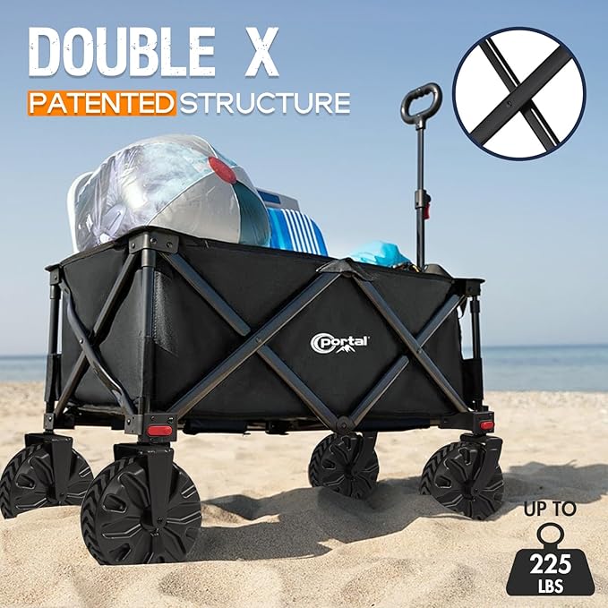 PORTAL Collapsible Folding Utility Beach Wagon Carts Heavy Duty with All Terrain Wheels for Outdoor, Camping, Garden, Shopping, Groceries, Foldable, Large Capacity, Portable, Black