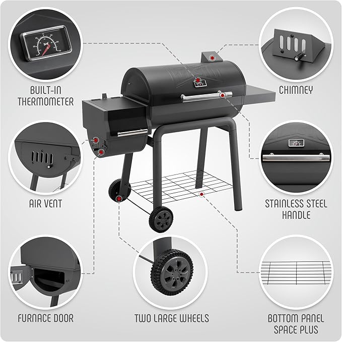 BBQ Charcoal Grill with Offset Smoker Grill and Side Table, 30-In Heavy-Duty Outdoor BBQ Grill with 832 Sq. In. Cooking Space for Outdoor Barbecue in Backyard, Patio and Parties, Black