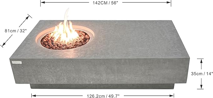 Elementi | Metropolis Gas Fire Pit Cast Concrete 56" Rectangular Fire Table, Outdoor Fire Pit Electronic Ignition | Canvas Cover, Lava Rock Included | Light Gray (Propane Gas)