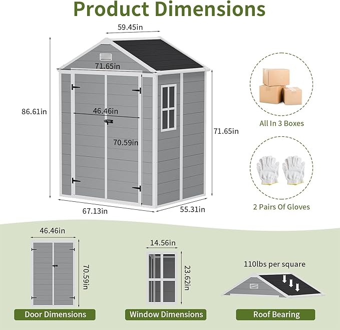 6×5 Light Grey Resin Outdoor Storage Shed with Floor Included & Window – All-Weather Lockable PP Plastic Garden Shed for Garden, Patio, Backyard | Stores Lawn Mowers, Bikes & Tools