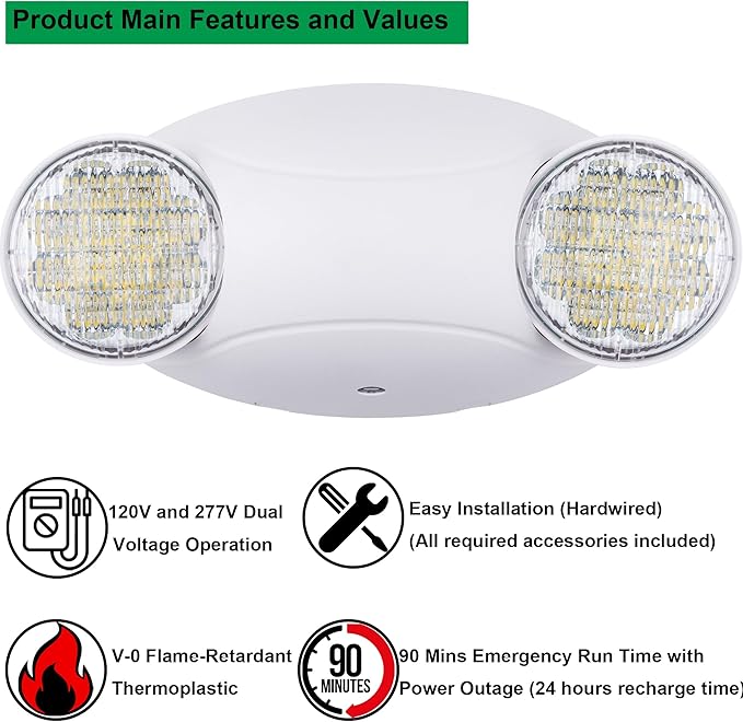 LIT-PaTH LED Emergency Lighting Fixtures with 2 LED Bug Eye Heads and Back Up Batteries- US Standard Exit Light, UL 924 and CEC Qualified, 120/277 Voltage, White, 2-Pack