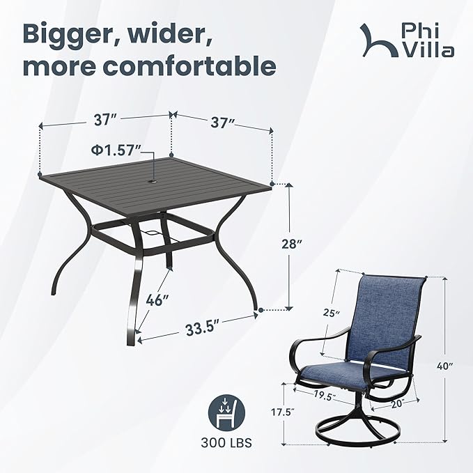PHI VILLA 5 PCS Outdoor Patio Dining Set with Swivel Dining Chairs (Blue) and 37"x 37" Metal Steel Dining Table(1.57" Umbrella Hole), All Weather Patio Dining Furniture Set for Deck Lawn Garden