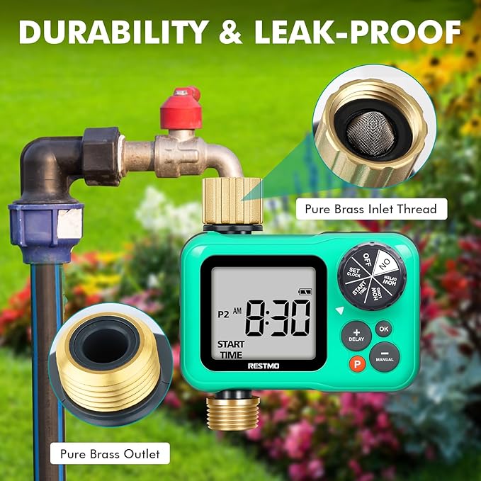 RESTMO Sprinkler Timer with Brass Inlet & Outlet, 3 Separate Programs Hose Timer, Programmable Water Timer for Garden Hose, Manual | Rain Delay | Automatic Watering System for Drip Irrigation and Lawn
