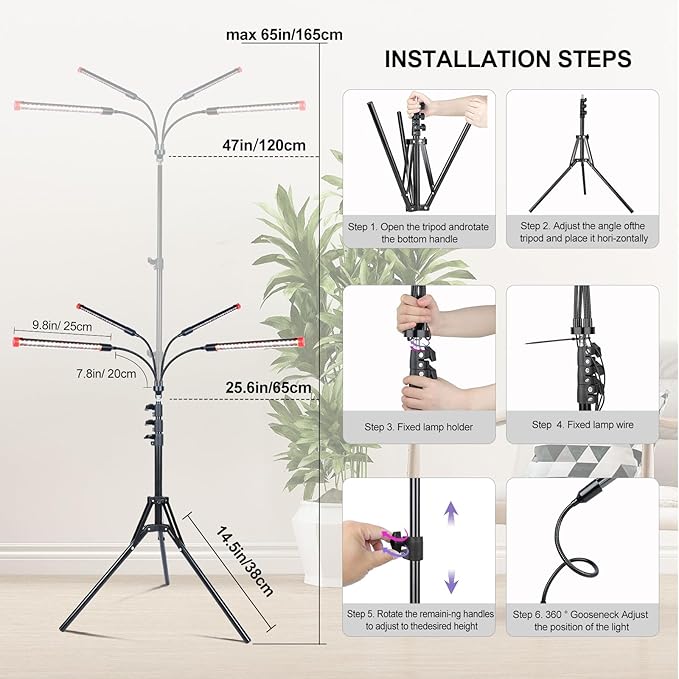 4Head Grow Lights for Indoor Plants, Seed Starting, Vegetables, Bonsai with Tripod Stand and Auto On/Off Timer 4/8/12H, 36W Power Full Spectrum Standing LED Plant Growing Lamps, 360° Gooseneck