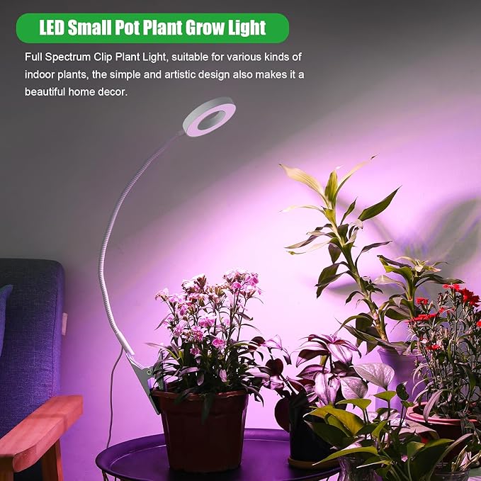White LED Halo Ring Pot Clip Plant Grow Light for Indoor Small Plants, Red+Blue+Yellow Full Spectrum Grow Lamp with 360°Gooseneck, 3/9/12H Timer & 10 Dimmable Levels, Adapters, Angel Ring 2 Pack