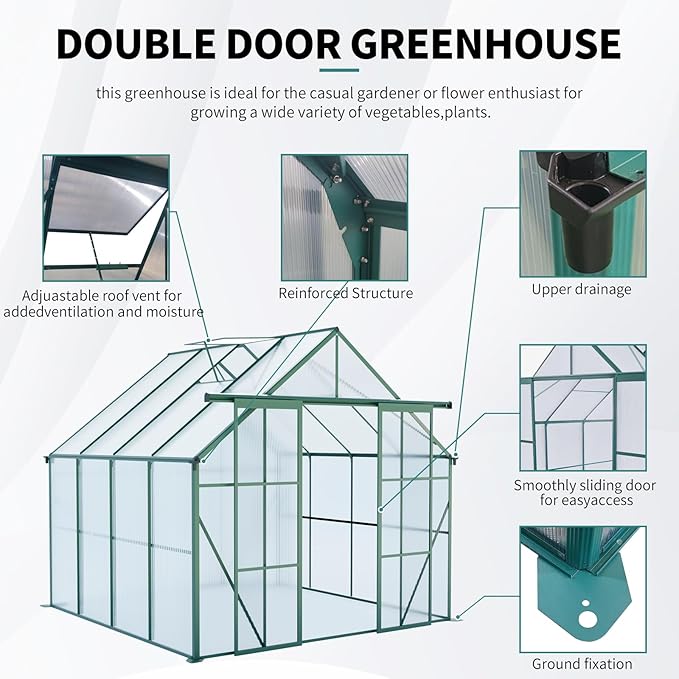 KEIKI 8x8 FT Double Door Polycarbonate Greenhouse with Aluminum Frame,Raised Base and Roof Vent,Walk-in Greenhouses for Patio Garden Backyard
