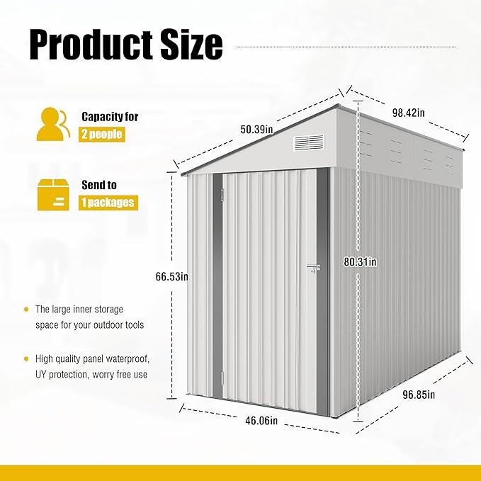 4×8 FT Outdoor Metal Storage Shed,Heavy-Duty Lean to Storage Shed with Lockable Single Side Hinge Door,Waterproof Metal Storage Tool House W/Sloping Roof,Air Vent&Protect Film,for Backyard,White