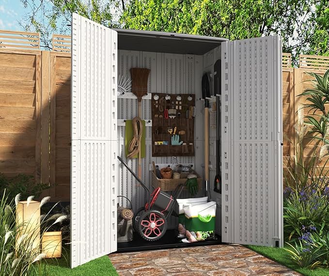 Outdoor Storage Shed,KINYING Outdoor Storage Cabinet Waterproof with Double Doors,52 Cu.ft Resin Vertical Tool Shed for Garden,Patio,Backyard,4×2.5×6.6 FT