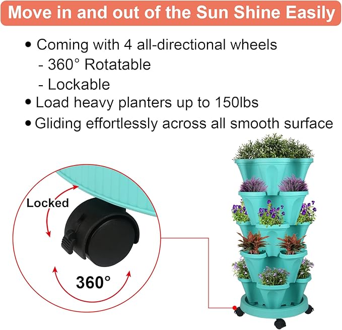 Vertical Planter 5 Tier Stackable Planters Garden Planters Strawberry Herb Flower and Vegetable Planter Indoor Outdoor Gardening Pots with Removable Wheels and Tools