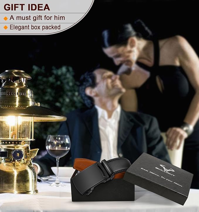 BULLIANT Men's Ratchet Belt 2 Pack-Click Leather Belt Adjustable for Men Gift 1 3/8-Cut for Perfect Fit