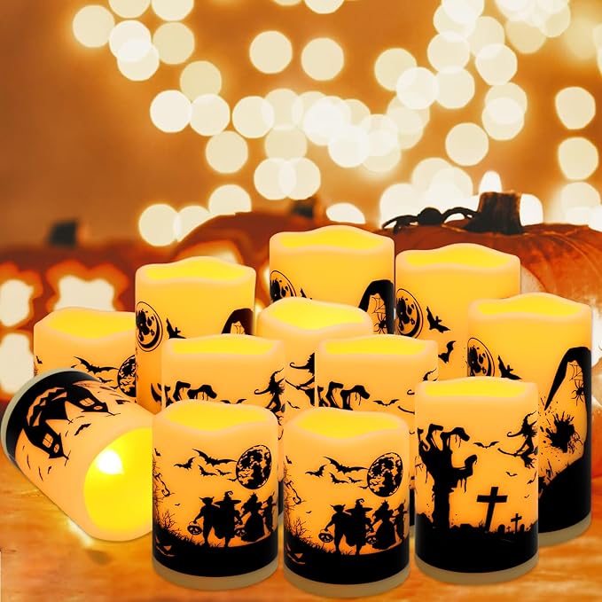 12-Pack Halloween-Flameless Led Pillar Candles，Remote Control and Timer Functions,