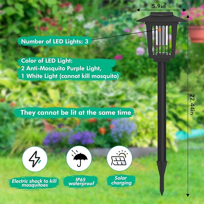 2 Pcs Solar Bug Zapper Outdoor, Waterproof Mosquito Zappers Outdoor Solar Powered Mosquito Killer Light Lamp