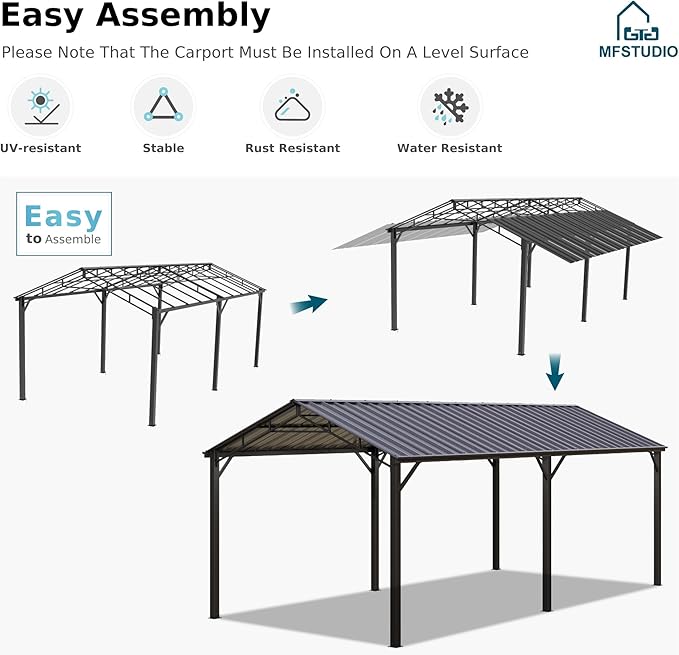 MFSTUDIO Carport 10x20 ft, Outdoor Heavy Duty Metal Shed Carports, Metal Garage Car Shelter Shade Car Port with Galvanized Roof, Frame and Bolts for Cars, Truck and Boats
