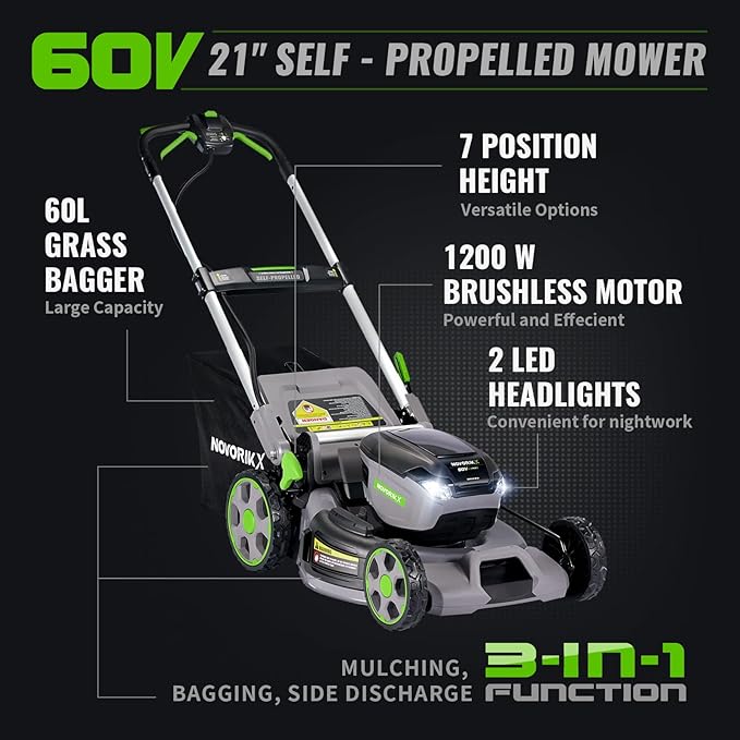 Electric Lawn Mower, Self-Propelled Lawn Mower Cordless (60V 21”), 65 Min Long Runtime with 2X5.0Ah Batteries, Rapid Charger and LED Headlight