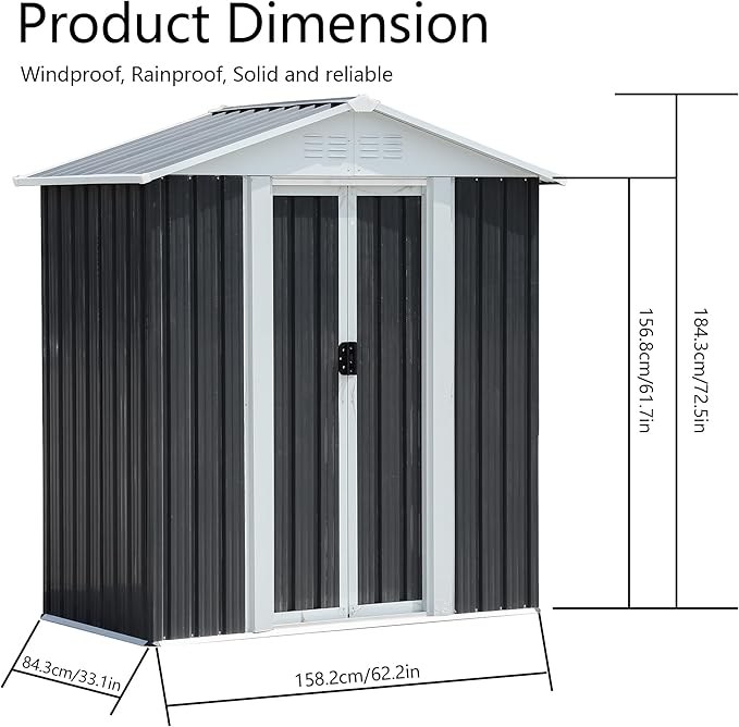 Ball & Cast 5x3FT Outdoor Storage Shed with Punched Vents,Heavy Duty Metal Sheds with Sliding Doors & Padlock,Waterproof Tool Sheds for Garden,Backyard,Lawn,Easy to Assemble,Grey