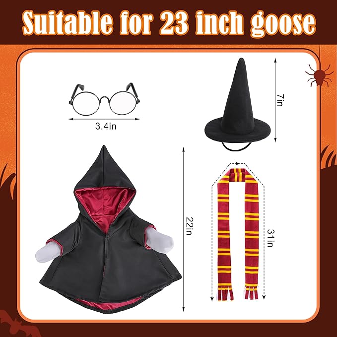 4 Pcs/Set Halloween Witch Goose Outfits, Lawn Porch Goose Statue Wizard Costume, Garden Goose Witches Clothes with Hat Scarf Glasses for 23" Statue Halloween Fall Christmas Outdoor Patio Yard Decor