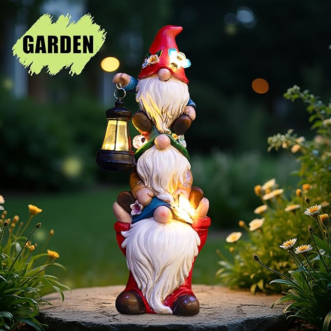 Garden Gnome Statue with Solar Lights Garden Sculptures Funny Triple Gnome Outdoor Patio Lawn Yard Balcony Garden Home Decor Birthday Gifts for Women Mom Grandma 12 in Fall Gnome