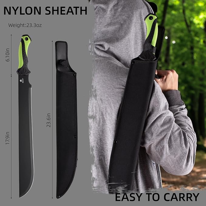 REAT Gardening Heavy Duty Machete,24" Full Tang Machete with Shaeth,Ergonomic No-Slip Handle,Machetes for Bushcraft, Outdoor Hunting, Garden Cutting Trees and Yard Work (Green)