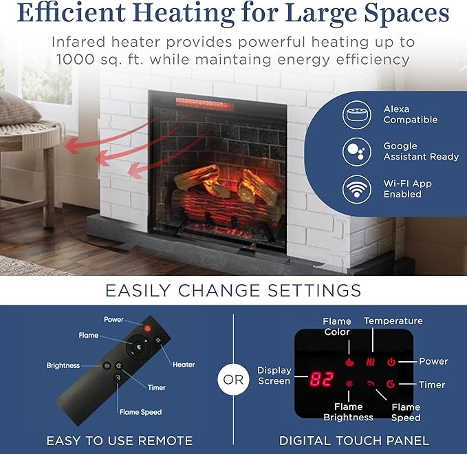 Country Living - Jackson Fireplace Mantel Package, WiFi Enabled 28” Fireplace Insert, White Brick Mantel Surround, Alexa/WiFi Enabled, 1500W