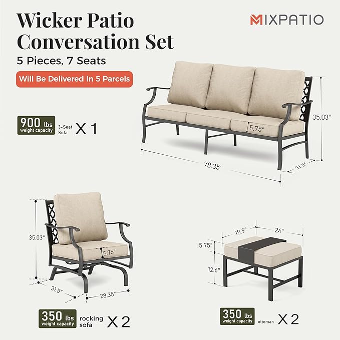 Patio Furniture Set 5 pcs, Outdoor Patio Furniture Set, 3-Seat Sofa, 2 Rocking Chairs, 2 Ottomans and 5.75" Extra Thick Cushion, Patio Conversation Set for Backyard Deck,Beige