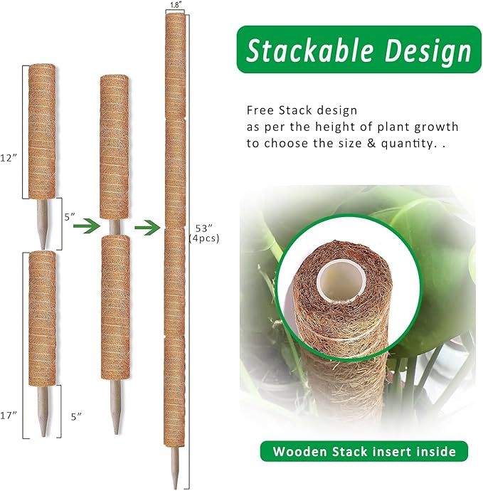 4-Pack 17 Inch Stackable Moss Poles for Monstera & Climbing Plants, Indoor Plant Support Stakes