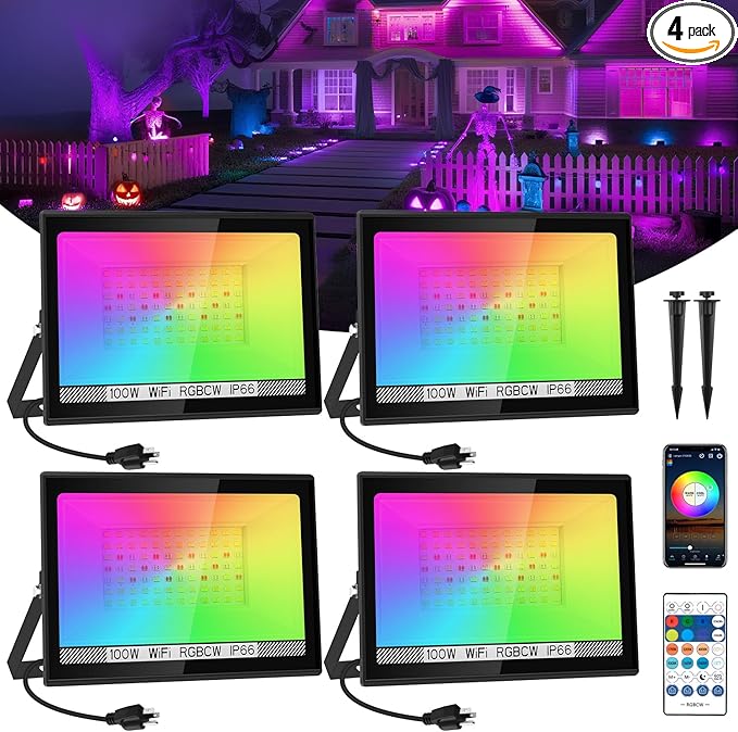 T-SUN RGB Flood Lights Outdoor, 1000W Equivalent Color Changing Landscape LED Light with APP & WiFi & Remote Control, Waterproof Floodlight with 16 Million Colors, Timing, Music Sync (100W-4Pack)