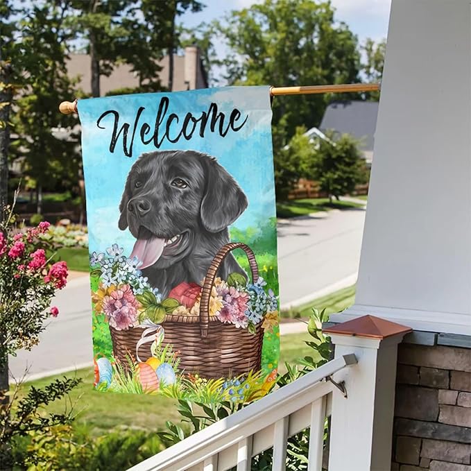 Labrador Dog Lab Happy Easter Black Flower Egg Garden Flag Welcome Party Outdoor Outside Decorations Picks Home House Garden Yard Decor 12x18 Inch