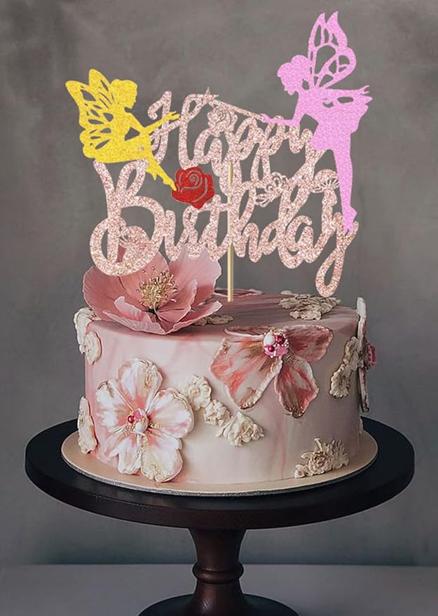 Fairy Party Cake Topper Fairy Birthday Cake Decoration Glitter Fairy Birthday Cake Picks Floral Fairies Party Decoration for Fairy Garden Baby Shower Supplies