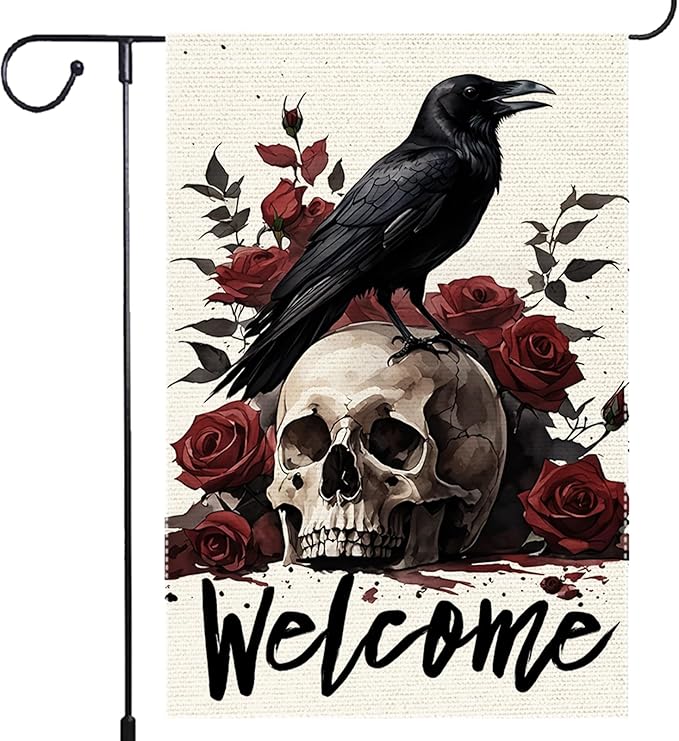 Halloween Welcome Skull Floral Rose Crow Garden Flag Double Sided Vertical, Rustic Farmhouse Yard Day Of The Dead Holiday Outdoor Decorative Flag 12.5 X 18.5 Inch