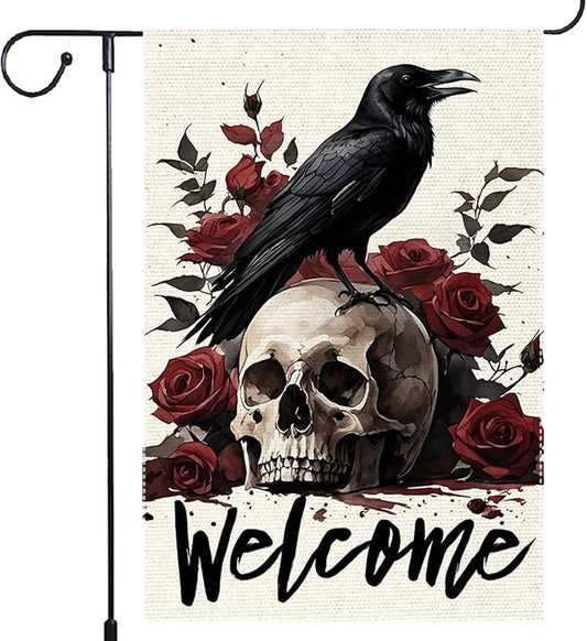 Halloween Welcome Skull Floral Rose Crow Garden Flag Double Sided Vertical, Rustic Farmhouse Yard Day Of The Dead Holiday Outdoor Decorative Flag 12.5 X 18.5 Inch