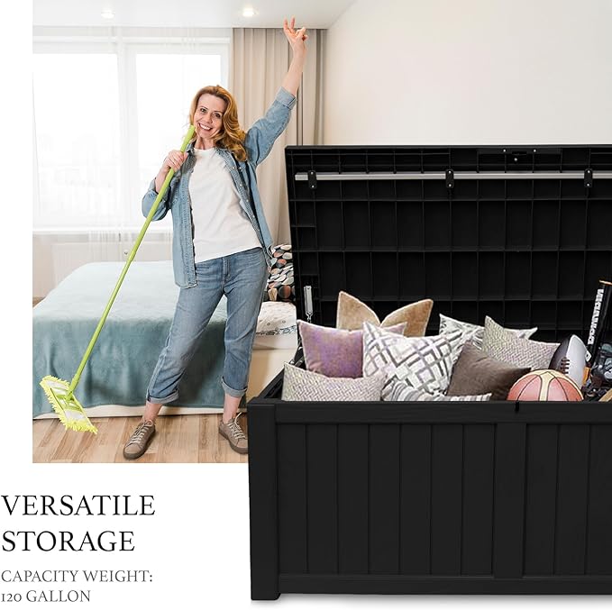 AJP Distributors 120 Gallon Outdoor Storage Box, Rain Waterproof Resin Deck Box, Lockable Large Storage Container for Patio Furniture, Cushions, Garden Tools, Sports Equipment and Pool Supplies Black