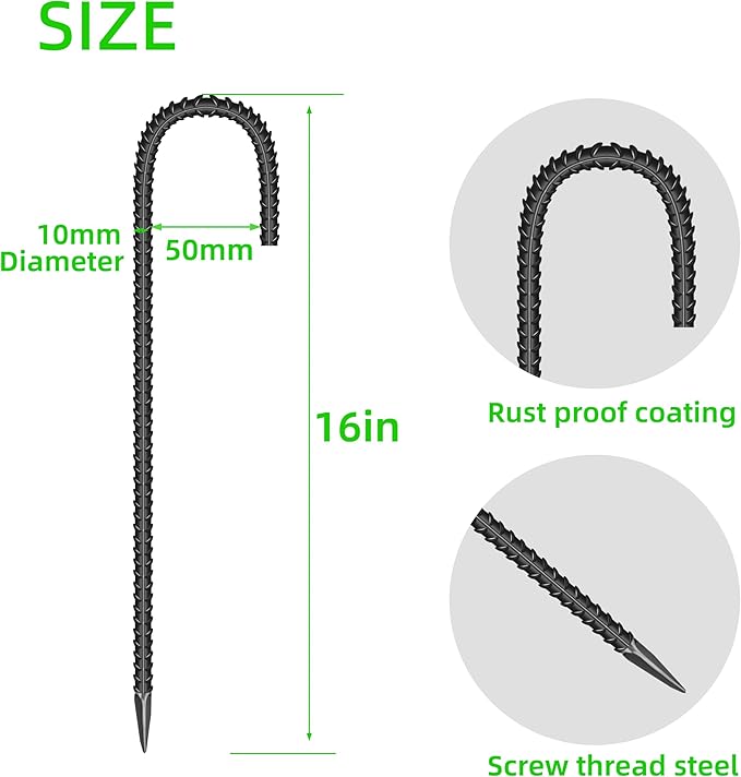 10 Pieces 16-Inch Garden Ground Stakes Galvanized Steel J Shape Hook Rebar Stake - Heavy DutyAnchors for Tents, Position Kits,Fences, and Trampolines