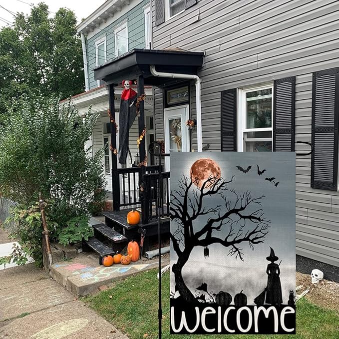 Welcome Halloween Garden Flag 12 x 18 Inch Double Sided Burlap Small Witch Pumpkin Flag Outside Porch Decor Halloween Yard Decoration DF110