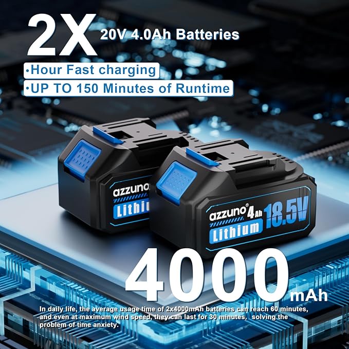 AZZUNO Cordless Brushless Leaf Blower with 2 x 4.0Ah Battery and Charger,3 Speed Mode MAX 580CFM Brushless Motor, Electric Blower for Lawn Care,Patio,Leaves,Dust,and Snow Removal