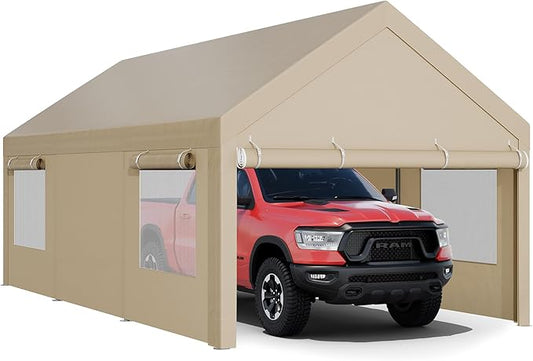 JY QAQA Carport, 12x20 FT Heavy Duty Carport Reinforced Steel Poles with Removable Sidewalls & Doors,Roll-up Windows Car Canopy with Sandbags and All-Season Tarp for Car Boat Truck Motorcycle,Khaki