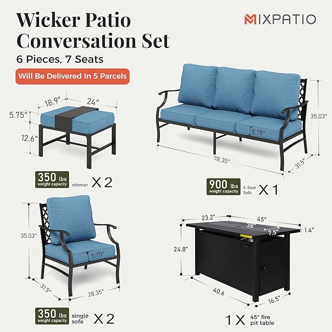 Patio Furniture Set, 6 Pcs Metal Outdoor Conversation Set, 2 Single Chairs, 2 Ottomans and 3 Seater Sofa with 5.75" Extra Thick Cushion and Gas Fire Pit Table, Navy Blue