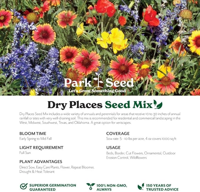 Park Seed Grow Your Own Vibrant Annual and Perennial Wildflower Garden Mixture, Easy to Grow Varieties for Pollinators and Spring Gardens - Dry Places Mix, 50 lbs
