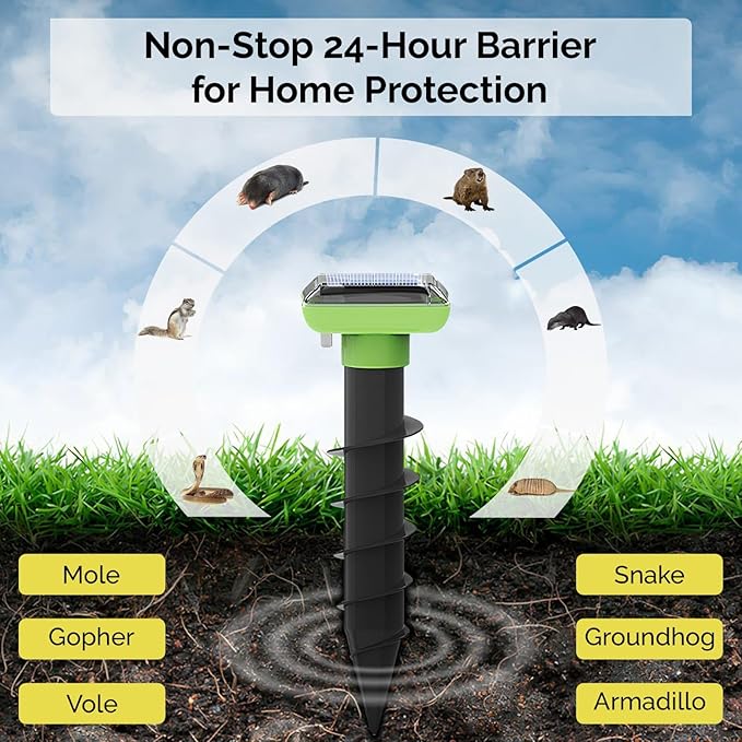 Solar Garden Device – 4 Pack, IP66 Waterproof, Solar Rechargeable, Covers up to 75 sq. ft., Quick 2-Hour Charge, 8–10 Hours Operation, Weather-Resistant Lawn & Garden Spikes – EPA No. 94623