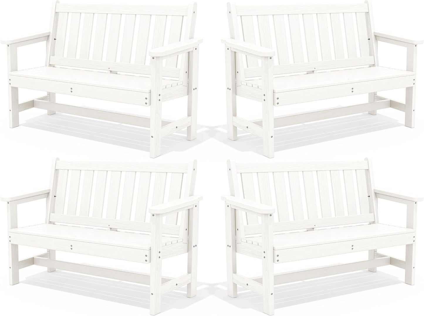 SERWALL Outdoor Bench, HDPE Outdoor Benches Weatherproof, 2-Person Garden Bench with 660 lbs Weight Capacity, Patio Benches for Outdoors, Garden, Porch, Backyard and Park, White, 4 Pack