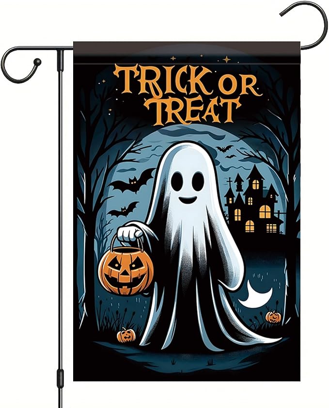 12x18 Inch Halloween Ghost Garden Flag Trick or Treat Ghost Yard Banner Pumpkin Lantern Outdoor Decoration Double Sided Seasonal Holiday Welcome Sign for Patio Lawn Home Party Fall Theme